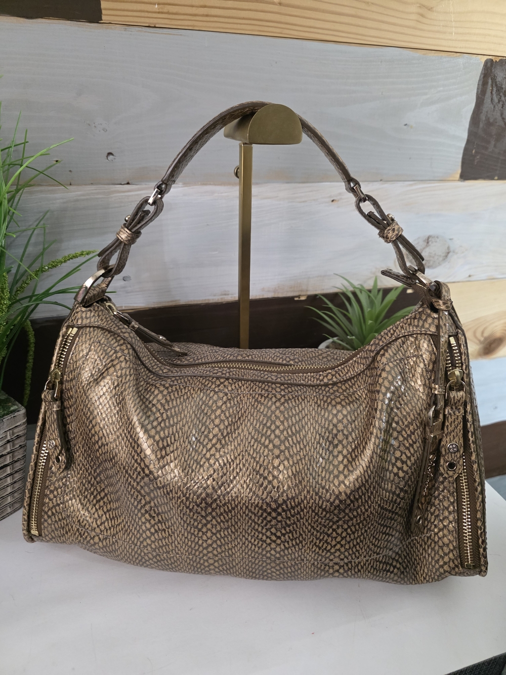 Metallic Taupe Snake-Embossed Shoulder Bag - Women